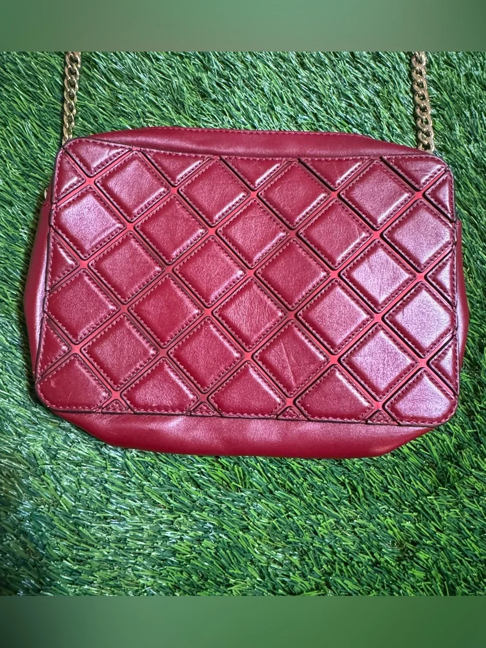 Michael Kors Jet Set Travel Large Quilted Leather Crossbody Bag Red Gold Purse